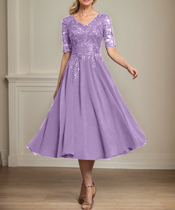 A-line V-Neck Tea-Length Lace Chiffon Mother of the Bride Dress With Sequins