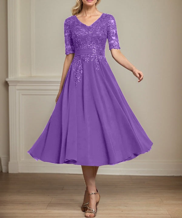 A-line V-Neck Tea-Length Lace Chiffon Mother of the Bride Dress With Sequins