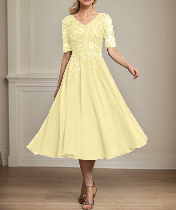 A-line V-Neck Tea-Length Lace Chiffon Mother of the Bride Dress With Sequins