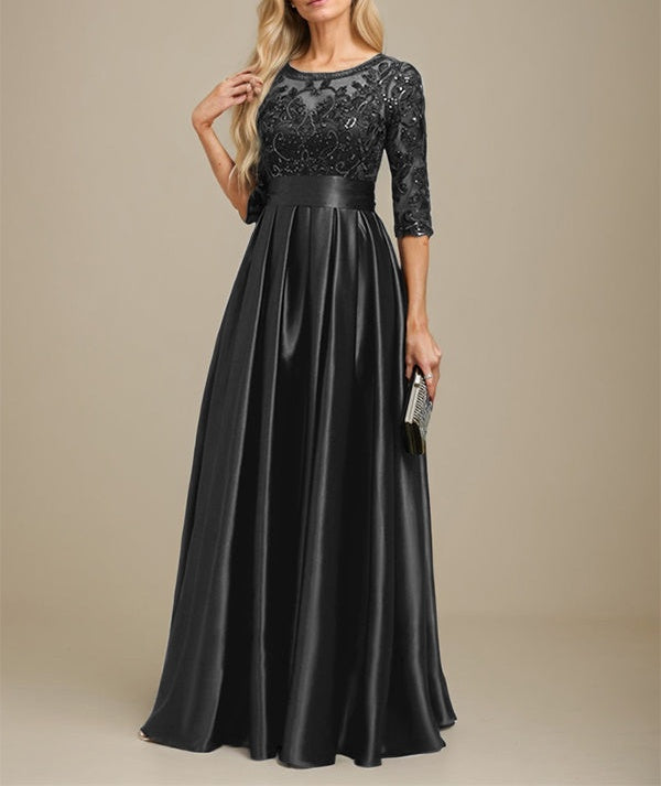 A-line Scoop Illusion Floor-Length Stretch Satin Lace Mother of the Bride Dress With Bow Sequins