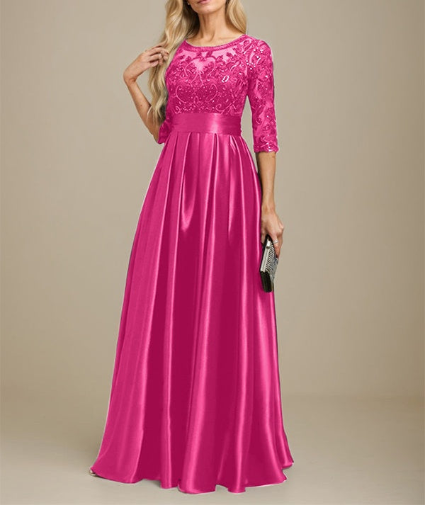 A-line Scoop Illusion Floor-Length Stretch Satin Lace Mother of the Bride Dress With Bow Sequins