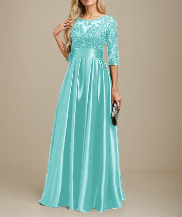A-line Scoop Illusion Floor-Length Stretch Satin Lace Mother of the Bride Dress With Bow Sequins