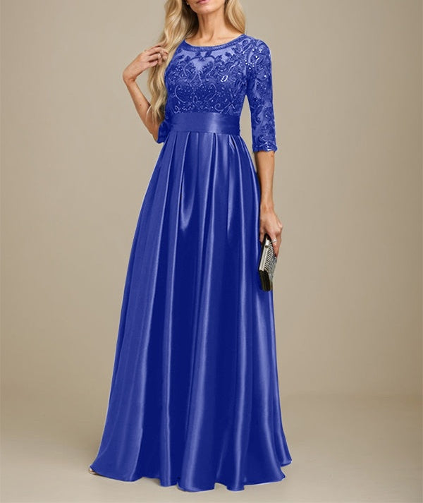 A-line Scoop Illusion Floor-Length Stretch Satin Lace Mother of the Bride Dress With Bow Sequins