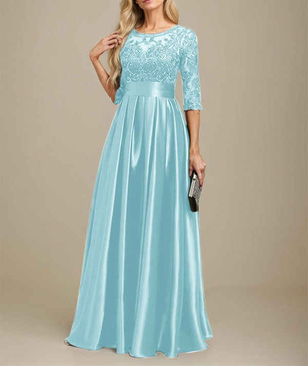 A-line Scoop Illusion Floor-Length Stretch Satin Lace Mother of the Bride Dress With Bow Sequins