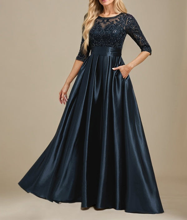 A-line Scoop Illusion Floor-Length Stretch Satin Lace Mother of the Bride Dress With Bow Sequins