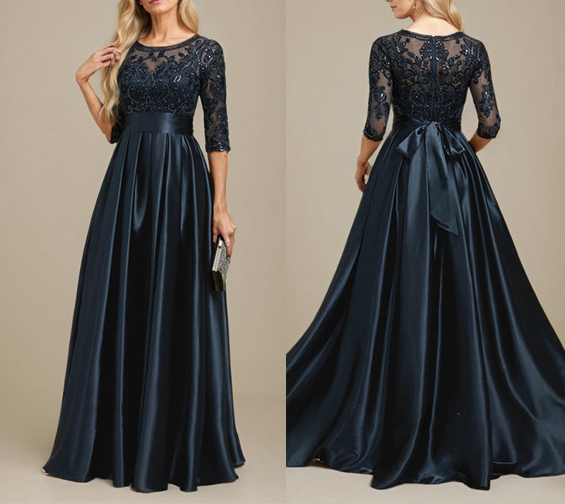 A-line Scoop Illusion Floor-Length Stretch Satin Lace Mother of the Bride Dress With Bow Sequins