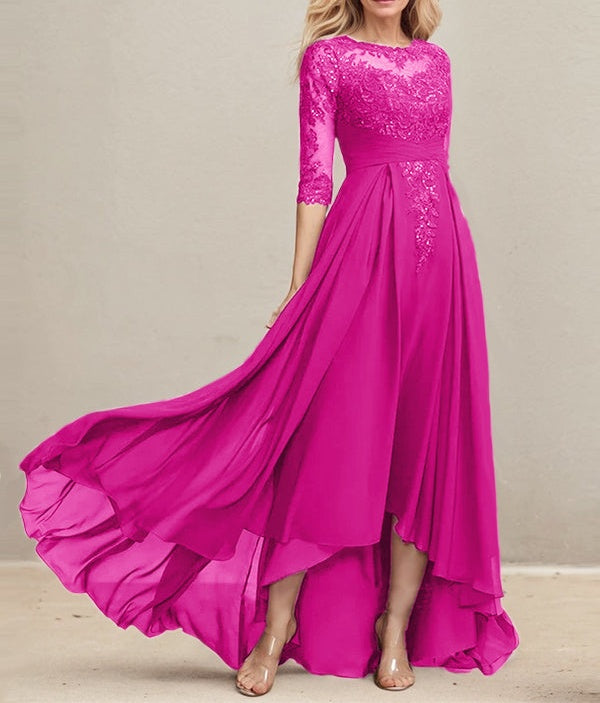 A-line Scoop Illusion Asymmetrical Lace Chiffon Mother of the Bride Dress With Pleated Sequins