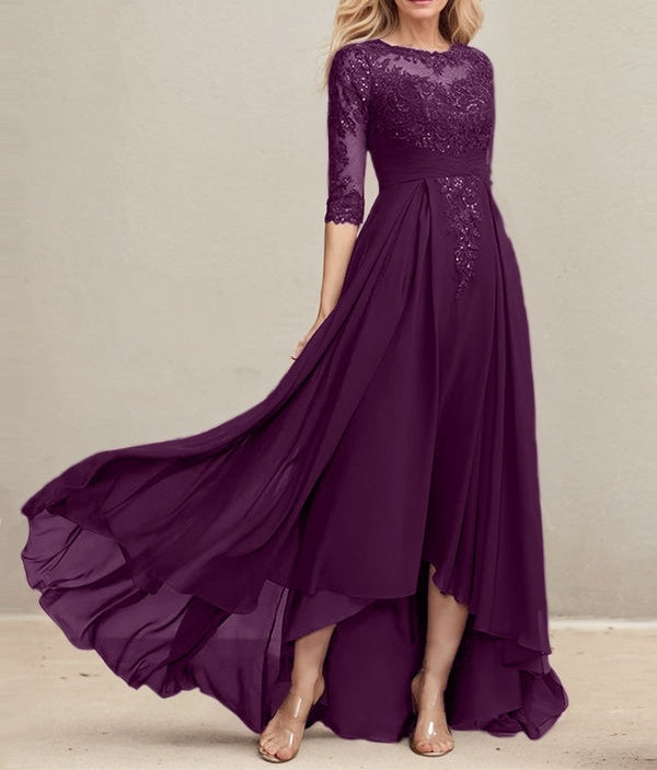 A-line Scoop Illusion Asymmetrical Lace Chiffon Mother of the Bride Dress With Pleated Sequins