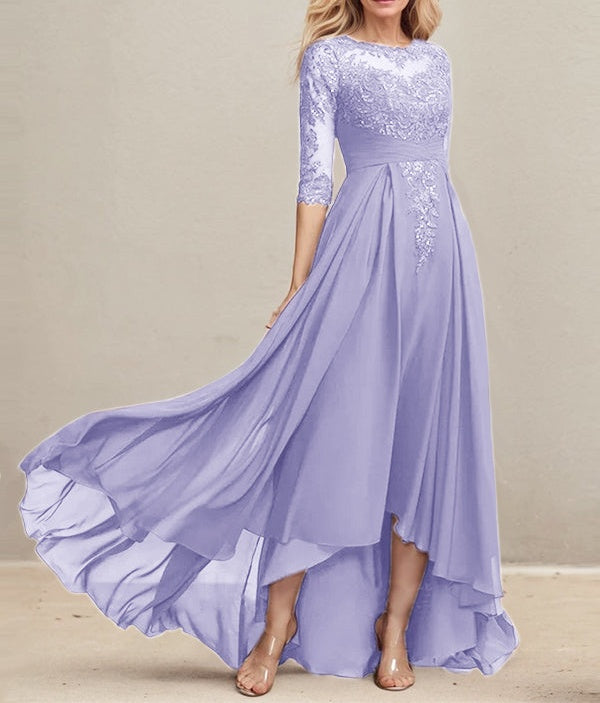 A-line Scoop Illusion Asymmetrical Lace Chiffon Mother of the Bride Dress With Pleated Sequins