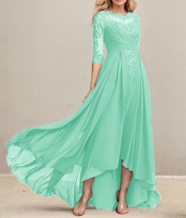 A-line Scoop Illusion Asymmetrical Lace Chiffon Mother of the Bride Dress With Pleated Sequins