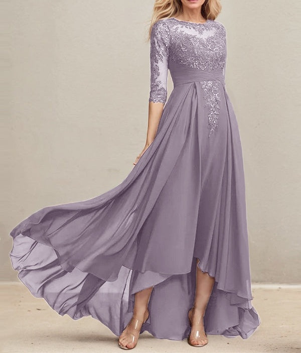 A-line Scoop Illusion Asymmetrical Lace Chiffon Mother of the Bride Dress With Pleated Sequins