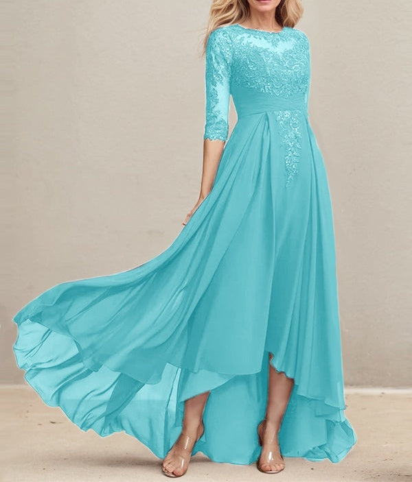 A-line Scoop Illusion Asymmetrical Lace Chiffon Mother of the Bride Dress With Pleated Sequins
