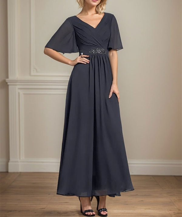 A-line V-Neck Ankle-Length Chiffon Mother of the Bride Dress With Pleated Beading Sequins
