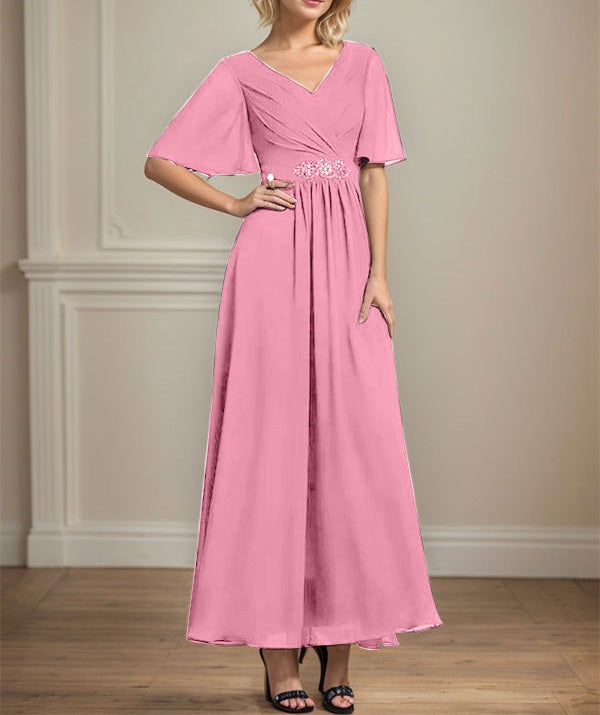 A-line V-Neck Ankle-Length Chiffon Mother of the Bride Dress With Pleated Beading Sequins
