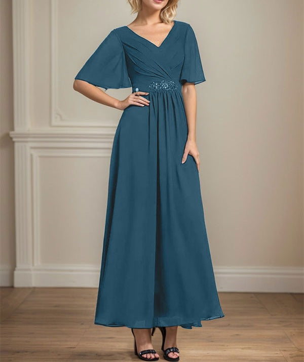 A-line V-Neck Ankle-Length Chiffon Mother of the Bride Dress With Pleated Beading Sequins