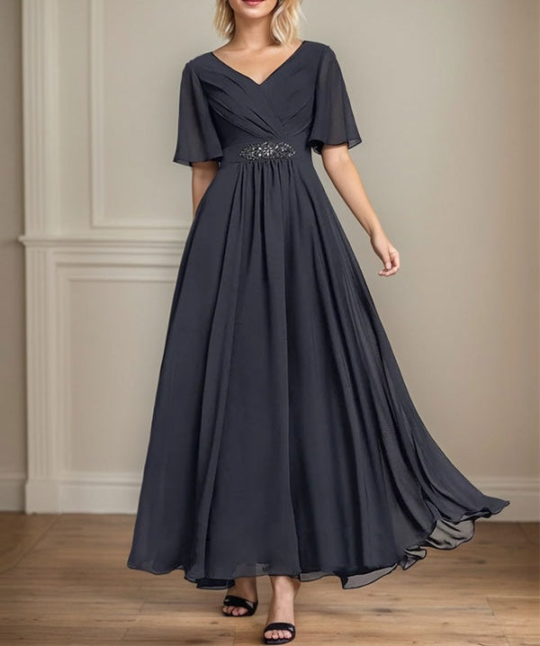 A-line V-Neck Ankle-Length Chiffon Mother of the Bride Dress With Pleated Beading Sequins