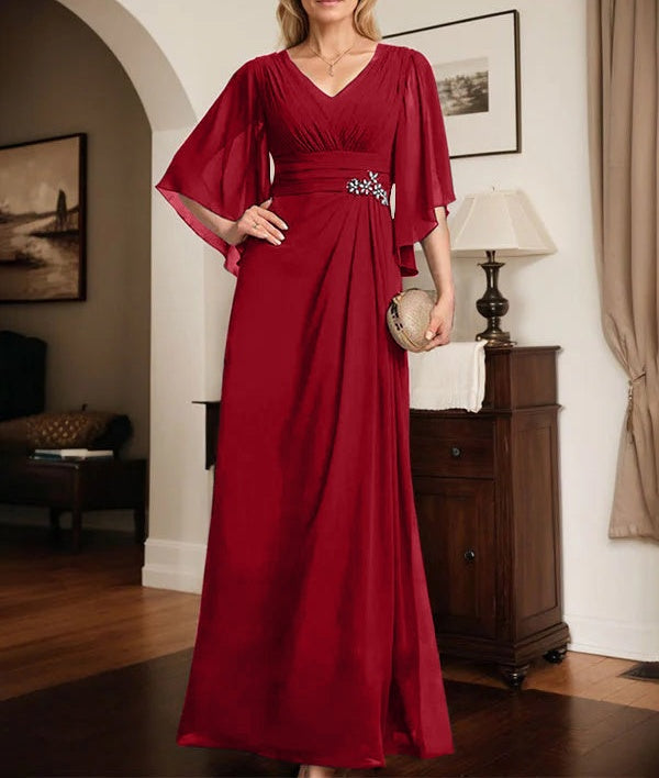 Sheath/Column V-Neck Floor-Length Chiffon Mother of the Bride Dress With Pleated Sequins Beading