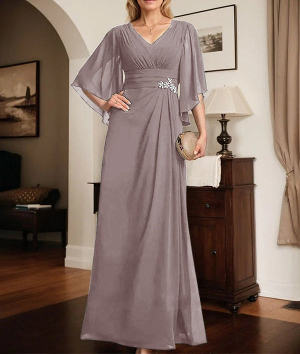 Sheath/Column V-Neck Floor-Length Chiffon Mother of the Bride Dress With Pleated Sequins Beading