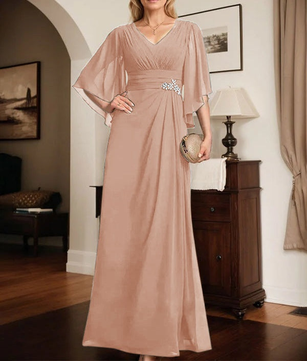 Sheath/Column V-Neck Floor-Length Chiffon Mother of the Bride Dress With Pleated Sequins Beading