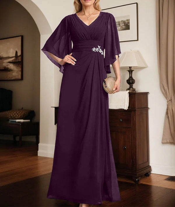 Sheath/Column V-Neck Floor-Length Chiffon Mother of the Bride Dress With Pleated Sequins Beading