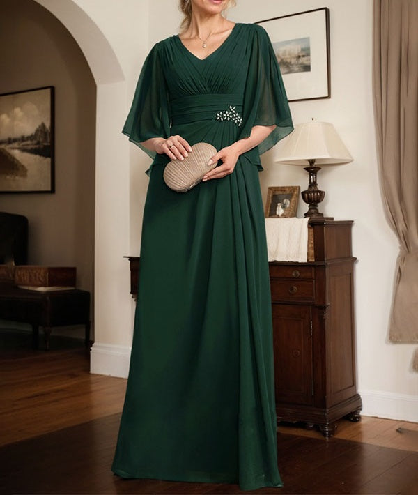 Sheath/Column V-Neck Floor-Length Chiffon Mother of the Bride Dress With Pleated Sequins Beading