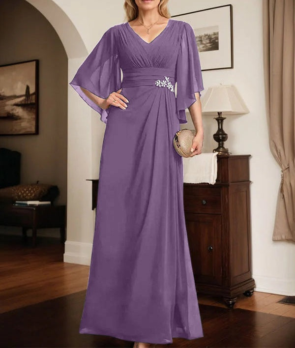 Sheath/Column V-Neck Floor-Length Chiffon Mother of the Bride Dress With Pleated Sequins Beading