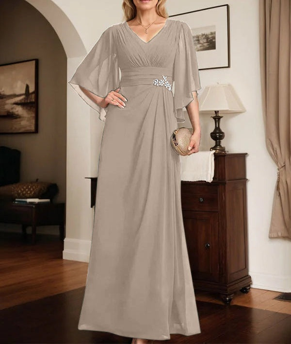 Sheath/Column V-Neck Floor-Length Chiffon Mother of the Bride Dress With Pleated Sequins Beading