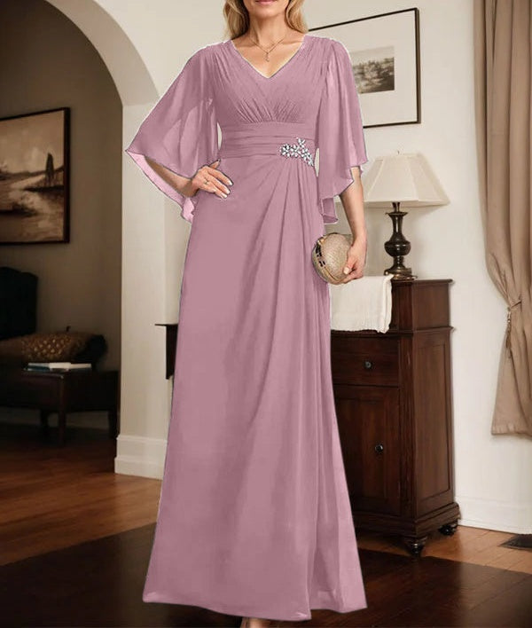 Sheath/Column V-Neck Floor-Length Chiffon Mother of the Bride Dress With Pleated Sequins Beading