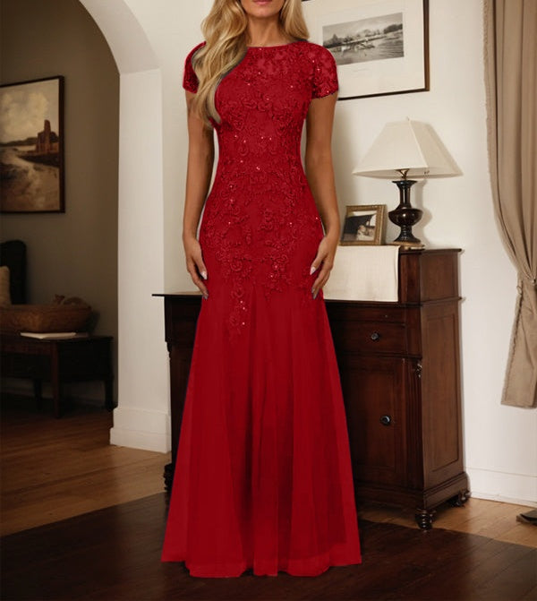 Dark Navy Mermaid Scoop Sequins Tulle Dress