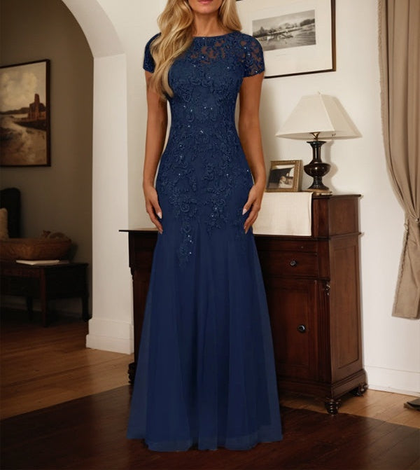 Dark Navy Mermaid Scoop Sequins Tulle Dress