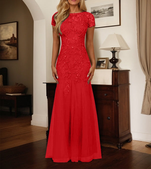 Dark Navy Mermaid Scoop Sequins Tulle Dress