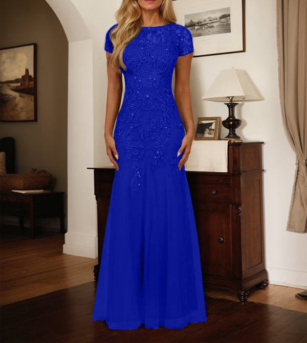 Dark Navy Mermaid Scoop Sequins Tulle Dress