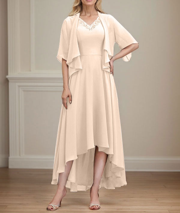 A-line V-Neck Asymmetrical Chiffon Mother of the Bride Dress With Beading Sequins