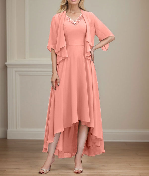 A-line V-Neck Asymmetrical Chiffon Mother of the Bride Dress With Beading Sequins