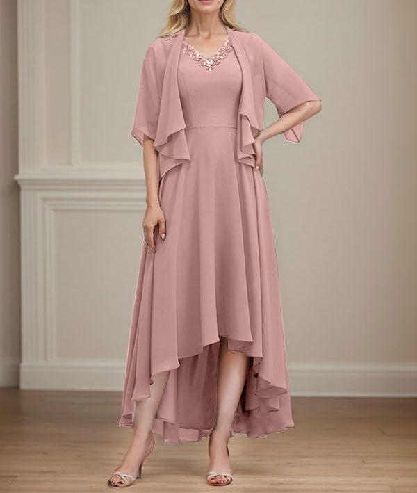 A-line V-Neck Asymmetrical Chiffon Mother of the Bride Dress With Beading Sequins