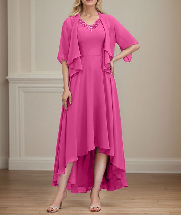 A-line V-Neck Asymmetrical Chiffon Mother of the Bride Dress With Beading Sequins
