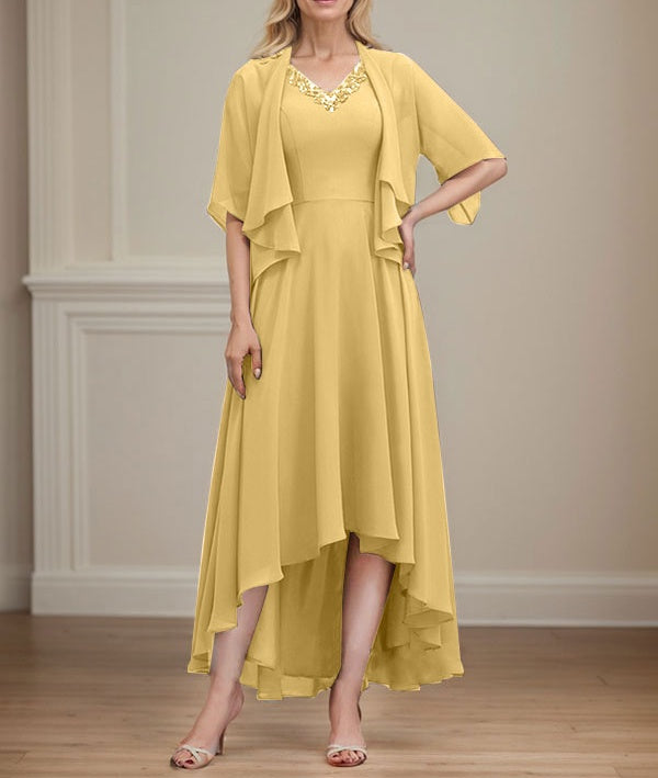 A-line V-Neck Asymmetrical Chiffon Mother of the Bride Dress With Beading Sequins