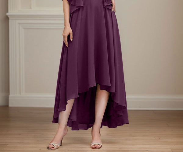 A-line V-Neck Asymmetrical Chiffon Mother of the Bride Dress With Beading Sequins