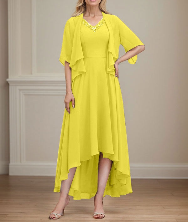 A-line V-Neck Asymmetrical Chiffon Mother of the Bride Dress With Beading Sequins