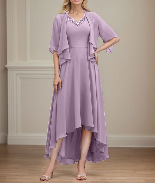 A-line V-Neck Asymmetrical Chiffon Mother of the Bride Dress With Beading Sequins