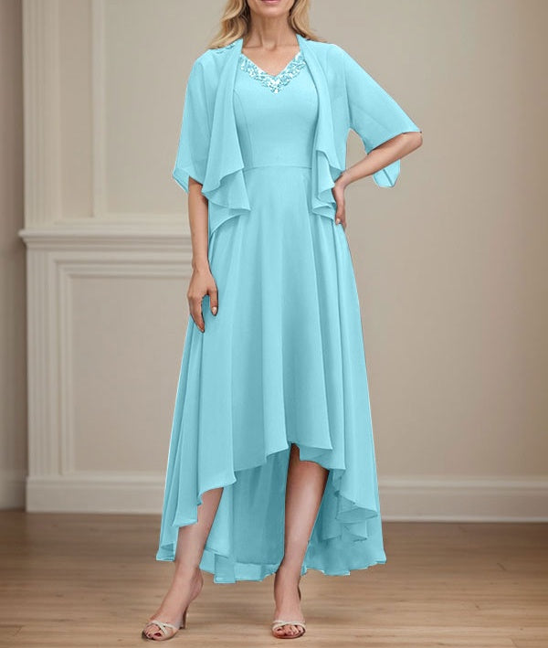 A-line V-Neck Asymmetrical Chiffon Mother of the Bride Dress With Beading Sequins