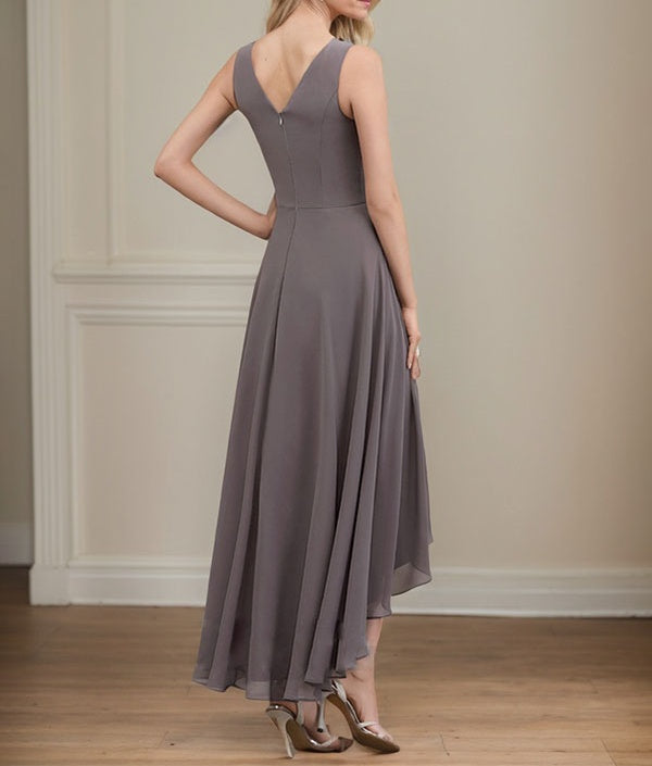 A-line V-Neck Asymmetrical Chiffon Mother of the Bride Dress With Beading Sequins