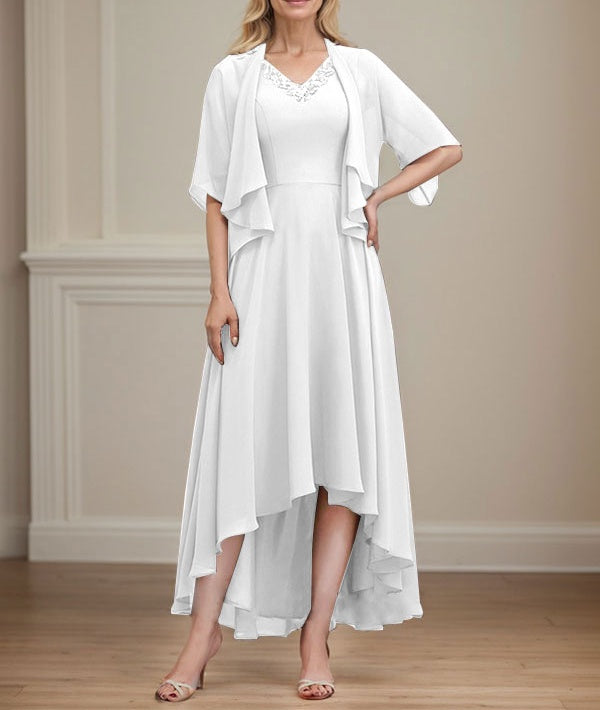 A-line V-Neck Asymmetrical Chiffon Mother of the Bride Dress With Beading Sequins