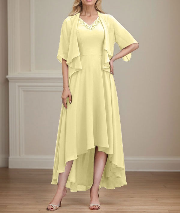 A-line V-Neck Asymmetrical Chiffon Mother of the Bride Dress With Beading Sequins