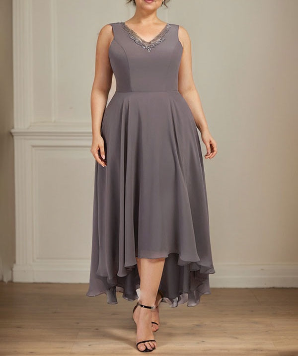A-line V-Neck Asymmetrical Chiffon Mother of the Bride Dress With Beading Sequins