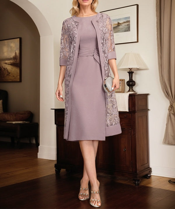 Sheath/Column Scoop Knee-Length Chiffon Mother of the Bride Dress With Pleated Sequins