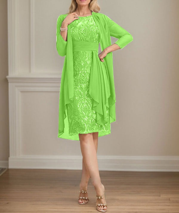 Sheath/Column Scoop Illusion Knee-Length Lace Chiffon Mother of the Bride Dress With Cascading Ruffles Sequins