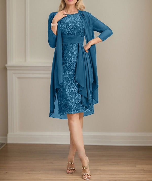 Sheath/Column Scoop Illusion Knee-Length Lace Chiffon Mother of the Bride Dress With Cascading Ruffles Sequins