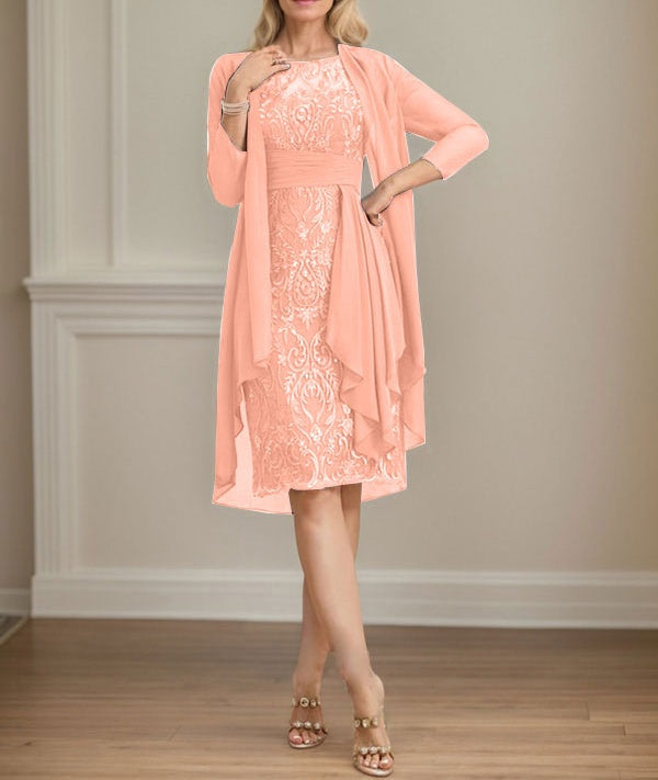 Sheath/Column Scoop Illusion Knee-Length Lace Chiffon Mother of the Bride Dress With Cascading Ruffles Sequins