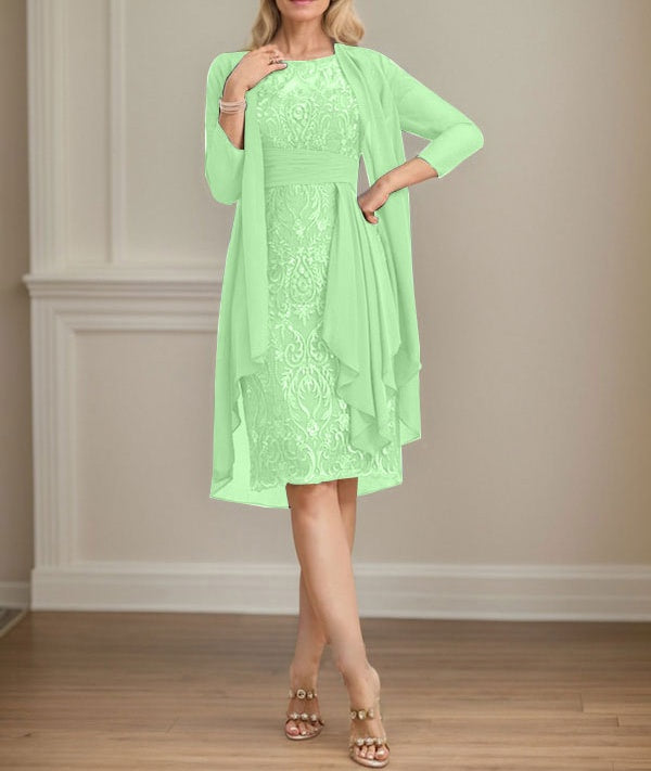 Sheath/Column Scoop Illusion Knee-Length Lace Chiffon Mother of the Bride Dress With Cascading Ruffles Sequins